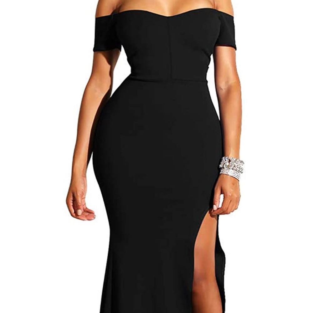 Long off shoulder thing slit prom dress